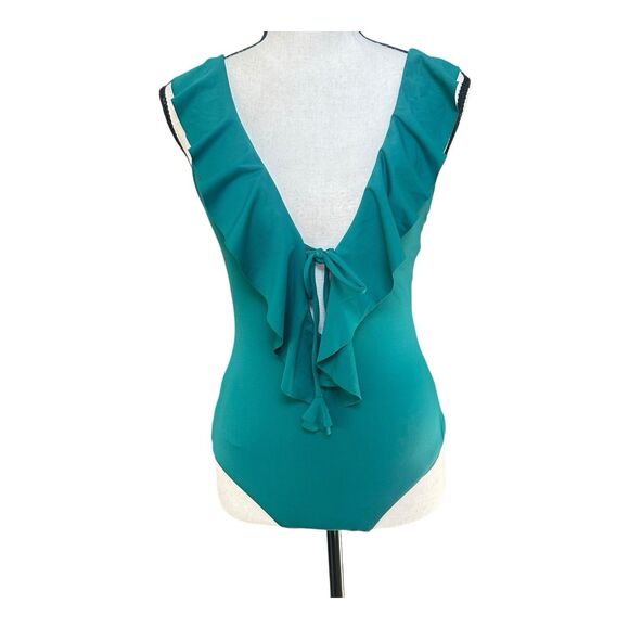 Becca Teal One Piece Swimsuit M Deep V Ruffle Front & Open Back Adjustable Tie - Picture 1 of 7